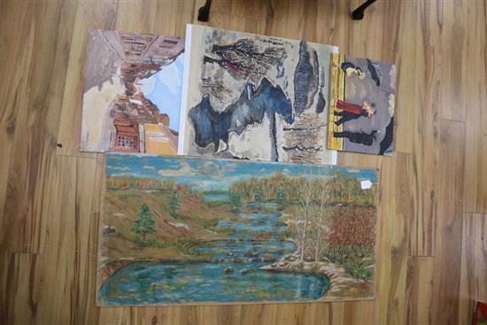Four Chinese paintings on board, unframed, largest 51 x 121cm